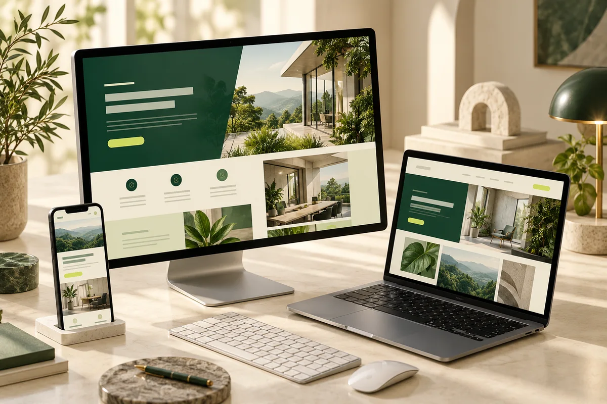 A business website shown across a desktop monitor, laptop and phone