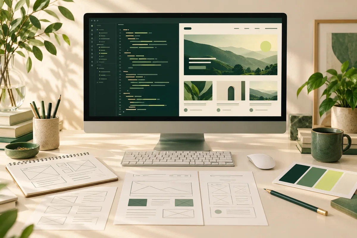 Website layouts, code and design planning on a studio desk