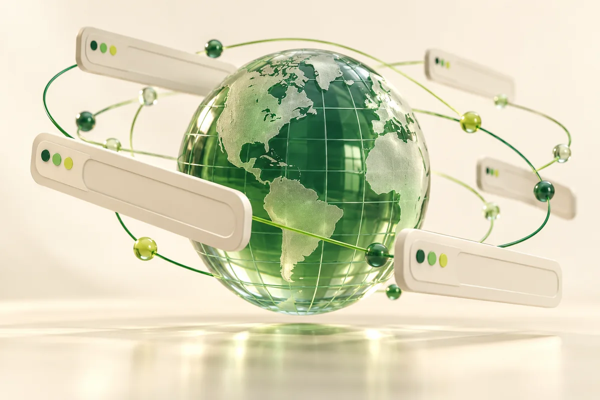 A glass globe surrounded by browser address bars