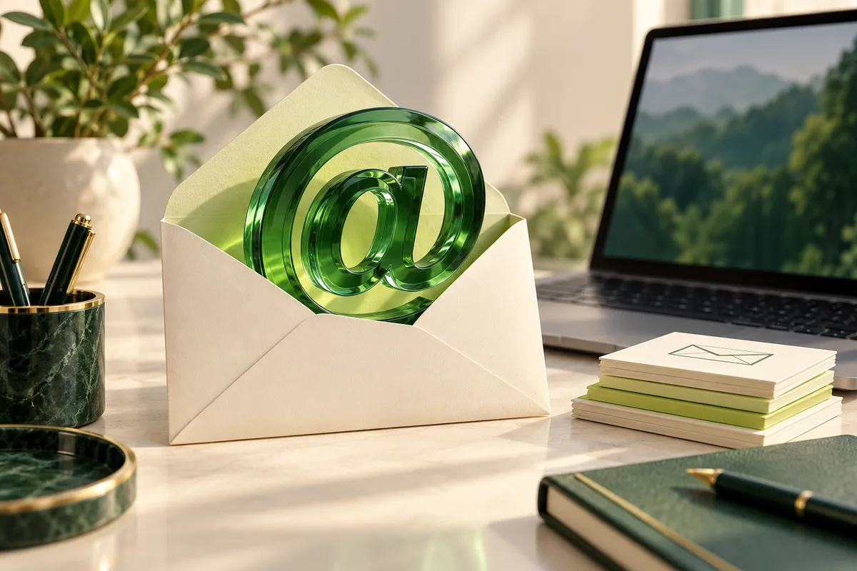 A business email envelope and glass at symbol beside a laptop